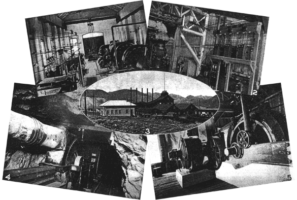 Fig. 1. Truckee River Power Station. Fig. 3. Mining Shaft and Buildings, and Electric Sub-station. Fig 2. Transformer Equipment in Surface Station./Fig. 4. Electrically Driven Fan at 2,150-foot Level. Fig 5. 200-horsepower Motor Driving Electric Hoist./ELECTRICAL MINE EQUIPMENT OF THE C. & C. SHAFT AT VIRGINIA CITY, NEV.