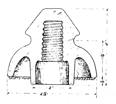 THE D. G. S. P. GLASS INSULATOR ON THE ORIGINAL REDLANDS LINE WHICH AFTERWARD CARRIED 10,000 VOLTS