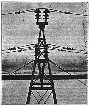 TOP OF DOUBLE-GUYED STEEL TOWER.