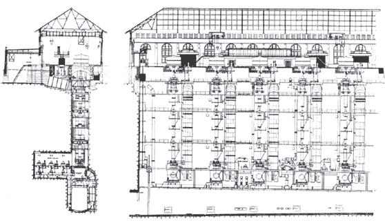 FIG. 1.�SECTIONS OF THE POWER HOUSE AND WHEEL PIT OF THE CANADIAN NIAGARA POWER COMPANY, SHOWING EQUIPMENT