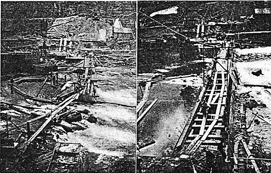 THE DAM DURING CONSTRUCTION. � SHOWING TROLLEY AND LOADED TRAY.
