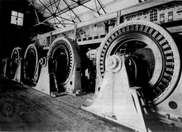 FIG. 3.�FOUR 1200-HP GENERATORS IN OPERATION IN CANON FERRY POWER HOUSE.