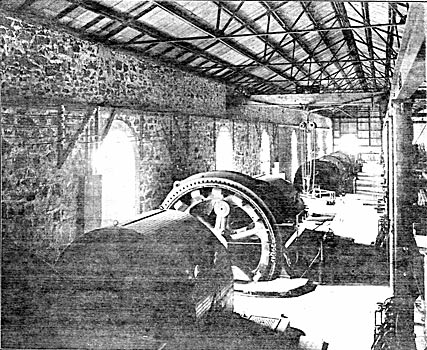 LOOKING WESTERLY IN THE POWER HOUSE - 3000-HORSEPOWER SETS IN THE FOREGROUND.