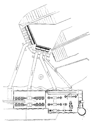 FIG. 6. � PLAN OF LOWER FLOOR OF POWER HOUSE AND PULP MILL, SHOWING ALSO PENSTOCKS AND FOREBAY.