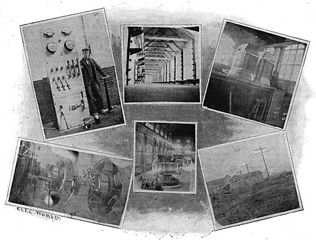 FIG. 1 � LOW TENSION 3-PHASE ALTERNATING SWITCHBOARD, BUFFALO STREET RAILWAY POWER HOUSE./FIG. 2. � CONDUCTOR BRIDGE WITH CABLES, NIAGARA FALLS POWER HOUSE./FIG. 3. � STATIC TRANSFORMERS, 11,000 VOLTS, NIAGARA FALLS./FIG. 4. � TWO ROTARY TRANSFORMERS, BUFFALO STREET RAILWAY POWER HOUSE, BUFFALO./FIG. 5. � INTERIOR OF POWER HOUSE, NIAGARA FALLS./FIG. 6. � TRANSMISSION LINE.  TRANSFORMER HOUSE IN BACKGROUND.