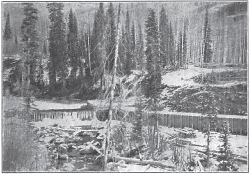 FIG. 1. � THE DIVERTING DAM AND HEAD GATE AT CASCADE CREEK, A TRIBUTARY OF THE ANIMAS RIVER IN COLORADO.  THE PRESENT 6000-H. P. DEVELOPMENT OF THE ANIMAS POWER & WATER COMPANY UTILIZES ONLY THE WATERS OF THIS CREEK.