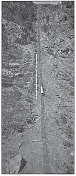 FIG. 6. � A PART OF THE PIPE LINE, SHOWING THE TEMPORARY TRACK FOR HAULING THE PIPE UP THE BLUFF FROM THE POWER HOUSE.