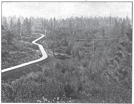 FIG. 8. � PART OF THE FLUME CONNECTING CASCADE RESERVOIR WITH THE FOREBAY.  A PART OF THE TRANSMISSION LINE IS ALSO SHOWN.