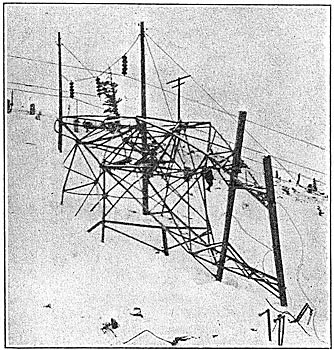 Fig. 7 � Tower Crushed by Snowslide, and Emergency Repair Construction.
