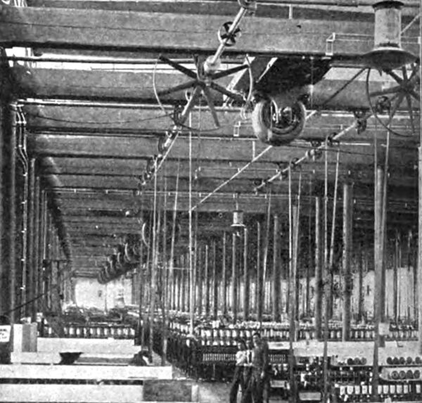Fig. 6 -- SPINNING ROOM, PELZER COTTON MILL, MOTORS ON CEILING.