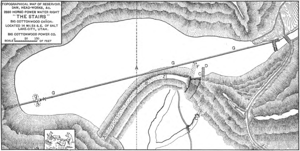 TOPOGRAPHICAL MAP OF RESERVOIR, DAM, HEAD-WORKS, ETC., \"THE STAIRS,\" BIG COTTONWOOD POWER CO.