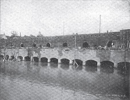 TWO-STEP DAM FROM BELOW, SHOWING TAIL RACES AND FLUME.