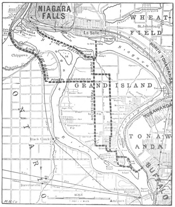 MAP SHOWING THE ROUTE OF THE NIAGARA POWER LINE TO BUFFALO.