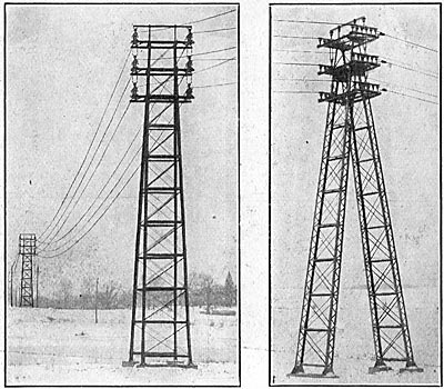 FIG. 1. � TOWERS FOR SPAN ACROSS THE OSWEGO RIVER./FIG. 2. � SIDE VIEW OF TOWERS SHOWING ARRANGEMENT OF INSULATORS.