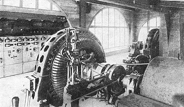 FIG. 3.�VIEW IN POWER HOUSE, SHOWING ALTERNATORS AND WATER WHEEL GOVERNORS.