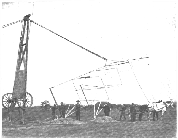 RAISING A TOWER WITH DERRICK WAGON, NIAGARA FALLS AND TORONTO TRANSMISSION LINE.