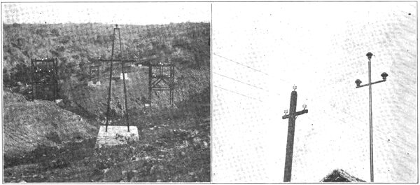 TRANSMISSION LINES NEAR SIVASAMUDRAM,, IRON STRUCTURE IN FOREGROUND SUPPORTS BANGALORE TRANSMISSION LINE ON LOCKE INSULATORS.  VIEW OF POLE TOPS AND INSULATORS,, BANGALORE TRANSMISSION LINE, WITH LOCKE INSULATORS, ON THE RIGHT,, KOLAR TRANSMISSION LINE ON THE LEFT.