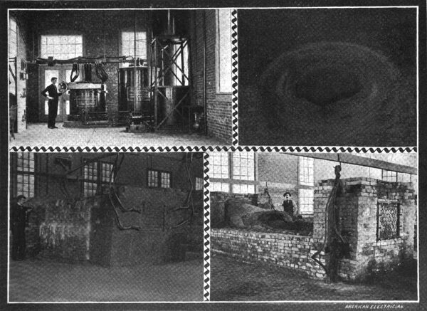 FIG. 8.�TRANSFORMER AND REGULATOR.: FIG. 10.�SECTION OF FURNACE.:  FIG. 9. � FURNACE AT WORK.: FIG. 11.�FURNACE DISMANTLED. DETAILS OF PLANT OF CARBORUNDUM COMPANY.