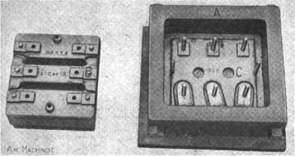 FIG. 9. DIES FOR MOLDING THREE-WIRE FUSE BASES