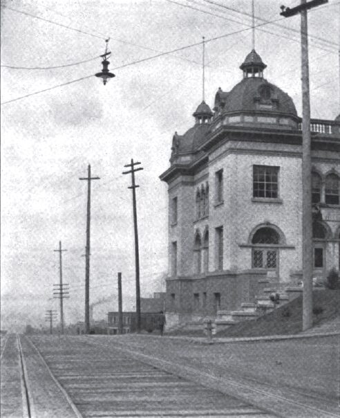 A VIEW OF SUB-STATION.  ONE OF THE STREET ARC LAMPS IS HERE SHOWN