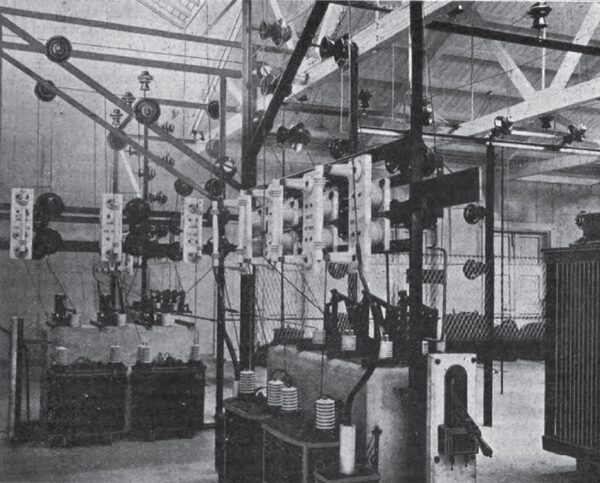 FIG. 12.�INTERIOR OF SUB-STATION NO. 1, SHOWING ARRANGEMENT OF INSTRUMENT TRANSFORMERS AND 35,000-VOLT FUSES.