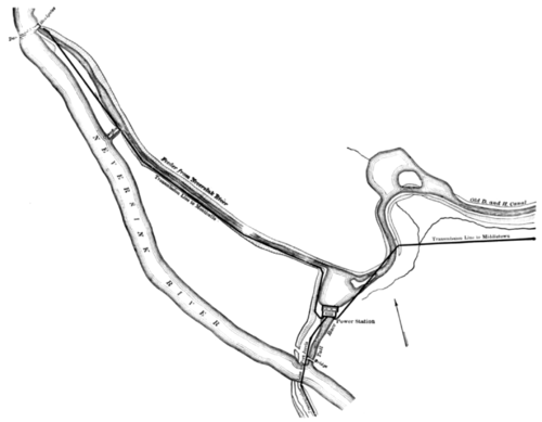 FIG. I.�MAP SHOWING POWER STATION, WATERWAYS AND TRANSMISSION LINES.