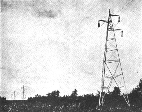 Fig. 7.�Steel tower for a 100,000-volt line of the Commonwealth Power Co. in Michigan.  Made by the Aermotor Co., Chicago.