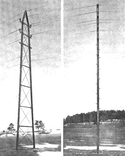 Fig. 8.�Flexible �A� frame transmission structures on lines of the Fulton County Gas & Electric Co., Gloversville, N. Y.  Made by the Archbold- Brady Co., Syracuse, N. Y.