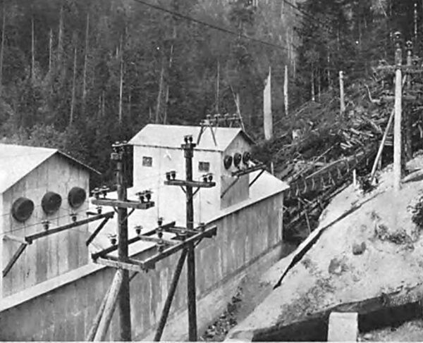 WIRE TOWERS, SHOWING THE HIGH TENSION TRANSMISSION LINE AS IT LEAVES THE POWER HOUSE.
