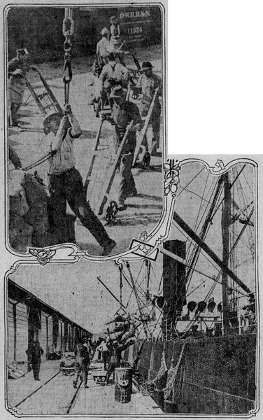 Top � Loading Grain in Freight Cars at Harbor. Bottom � Removing Cargo From German Vessel Anchored in Los Angeles Harbor