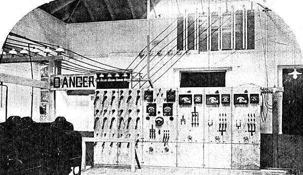 FIGURE. 13 � GENERATOR AND HIGH POTENTIAL SWITCHBOARDS AT THE POWER HOUSE, SHOWING METHOD OF HIGH POTENTIAL WIRING AND LIGHTNING ARRESTERS.