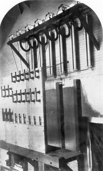 FIGURE 17�HIGH POTENTIAL SWITCHBOARD AT SUB-STATION, SHOWING LIGHTNING ARRESTERS AND CHOKE COILS.