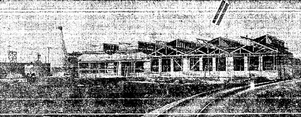 The new high voltage porcelain insulator works at Emeryville, California, as it appeared on March 22.  This plant is being constructed as the first unit of a twelve kiln plant.  The present unit will provide receiving room for materials for the operation of its own four kilns as well as an additional eight kilns which will be added on the ground to the reader