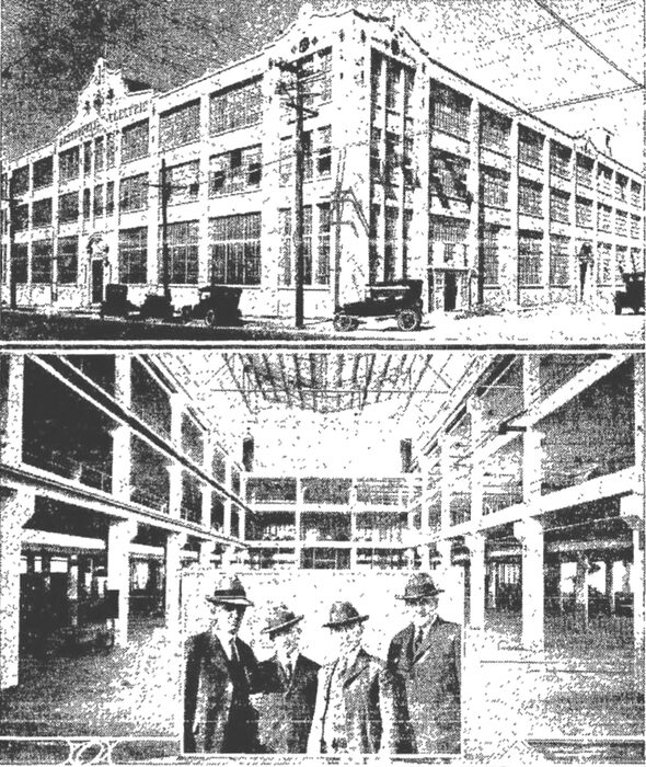 Showing the new half-million dollar service and assembling plant of the Westinghouse Electric & Manufacturing Co. at Landregan and Peladean streets, Emeryville.  Center: Interior of the first of three similar units.  Below (left to right): Fred Wellhouse, Charles Foy, James P. Koll and M. W. Scanlon, on a visit to the plant.