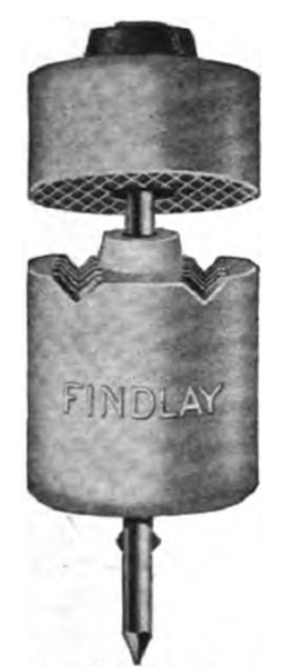 Porcelain insulator with knurled, ungrooved cap which simplifies installation.  Made by the Findlay Electric Porcelain Co., Findlay, Ohio.