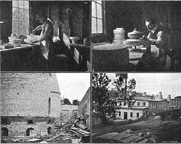 THE THOMAS CHINA CO. -- 1. Mould Maker at Work.  2. Mr. Wright Modeling a Dish Cover.  3. Glimpse of a New Kiln.  4. Part of the Plant.