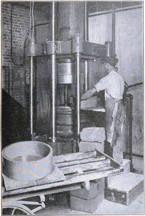 Fig. 12, Hydraulic Sagger Press -- Operator Removing Sagger