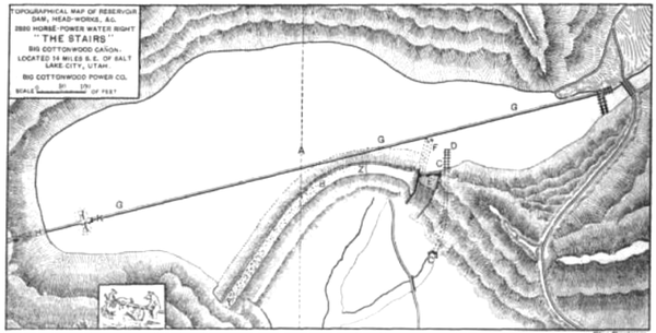 TOPOGRAPHICAL MAP OF BIG COTTONWOOD RESERVOIR (B Z), DAM, E, OVERFLOW GATE, (G G G), SUBMERGED PIPE LINE, K, "GRIZZLIES."