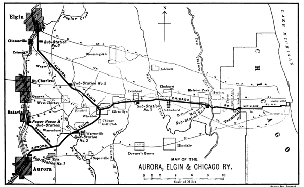 MAP SHOWING ROUTE OF AURORA, ELGIN & CHICAGO RAILWAY
