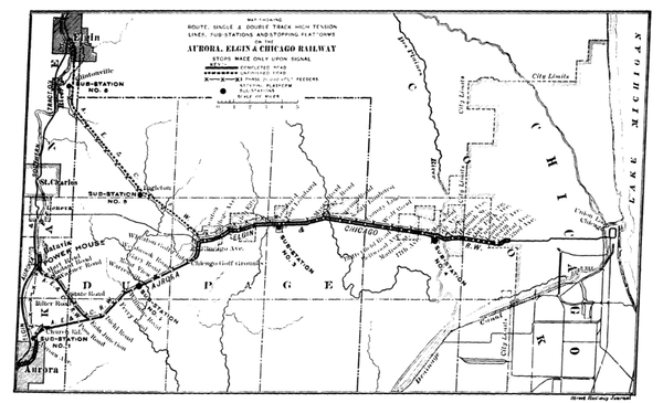 MAP SHOWING ROUTE OF AURORA, ELGIN & CHICAGO RAILWAY