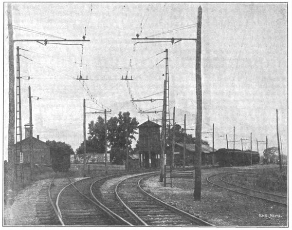 Fig. 8. STEEL POLE AND SPAN WIRE CONSTRUCTION, MT. MORRIS TERMINAL, ERIE R. R.