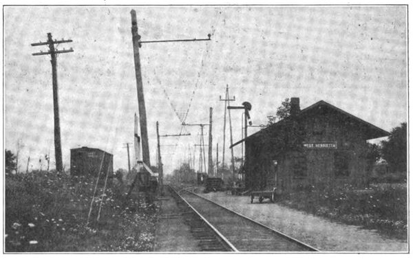 OVERHEAD BRACKET CONSTRUCTION MAIN LINE AND SIDING AT WEST HENRIETTA STATION
