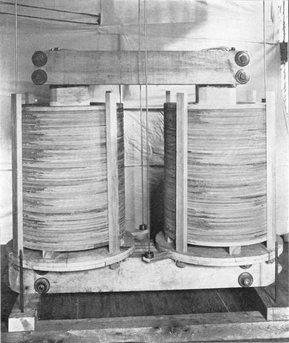 FIG. 7--SIDE VIEW OF 200 KW 200,000-VOLT TRANSFORMER, 1904.