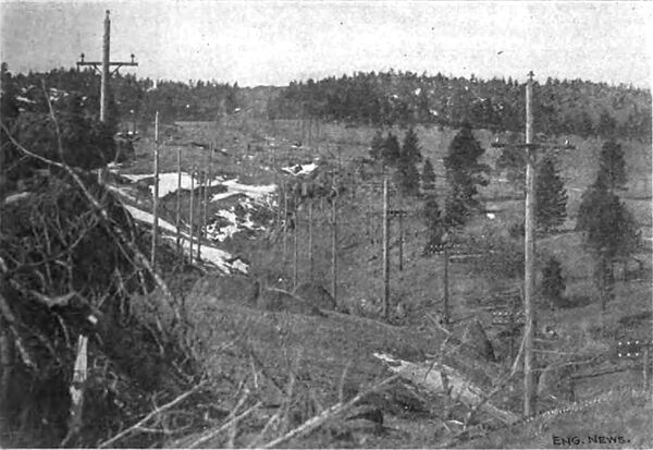FIG. 4. POLE LINES FOR LONG DISTANCE TRANSMISSION OF MISSOURI RIVER POWER CO. (The two lines on the left carry a 50,000-volt current to Butte: the pole line on the right carries 10,000 volts to Helena.)