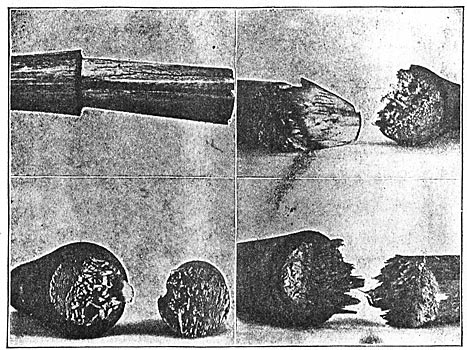 1. Pin Split in Shank and Broken at Cross-Arm.  2. Pin Broken at Upper Part of Shank at Cross-Arm.  3. Pin Broken at Upper Part of Shank at Cross-Arm.  4. Pin Broken at Upper Part of Shank at Cross-Arm.