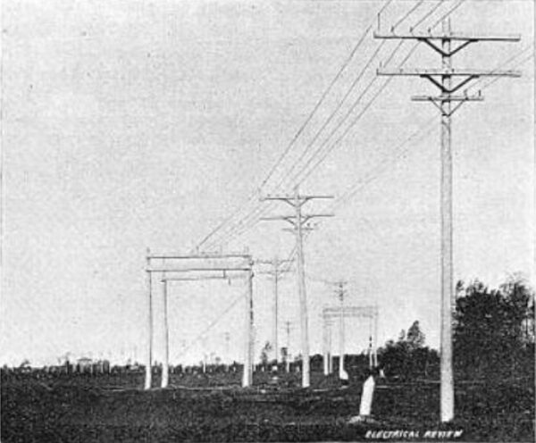 FIG. 1. � A VIEW OF THE BUFFALO-NIAGARA FALLS ELECTRIC TRANSMISSION LINE, SHOWING METHOD OF TURNING CORNERS.  THE CAPACITY OF THIS LINE IS 20,000 HORSE-POWER. � (See "Niagara Falls Power in Buffalo.")