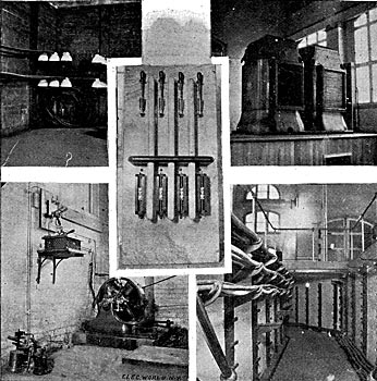 FIG. 5. � BEGINNING OF SUBWAY IN TRANS FORMER HOUSE CABLES CARRYING 3-PHASE CURRENT TO BUFFALO LINE./FIG. 6. � CENTRIFUGAL BLOWER MOTOR FOR 1250-HP TRANSFORMERS./FIG. 7. � 2200-VOLT TWO-PHASE SWITCHBOARD.  HIGH TENSION FUSES BELOW./FIG. 8.�TWO 1250-HORSE-POWER, THREE-PHASE 11,000-VOLT TRANSFORMERS./FIG. 9. � BEGINNING OF SUBWAY CARRYING 2200-VOLT 2-PHASE CURRENT FROM 5000-HP GENERATORS, NIAGARA POWER-HOUSE.