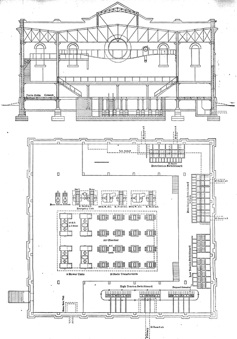 FIGS. 7-8. -- CROSS-SECTION AND FLOOR PLAN OF MONTREAL CENTRAL STATION.
