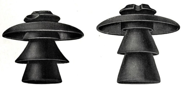TWO ADDITIONAL TYPES OF INSULATORS USED FOR 60,000-VOLT CURRENT ON THE BAY COUNTIES AND STANDARD ELECTRIC COMPANY TRANSMISSION LINES.  ALL THESE INSULATORS WERE MADE BY THE LOCKE INSULATOR MANUFACTURING COMPANY, VICTOR, NEW YORK.
