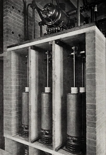 A MOTOR-OPERATED OIL SWITCH FOR 11,000-VOLT THREE-PHASE CIRCUITS, MADE BY THE GENERAL ELECTRIC COMPANY, SCHENECTADY, NEW YORK.